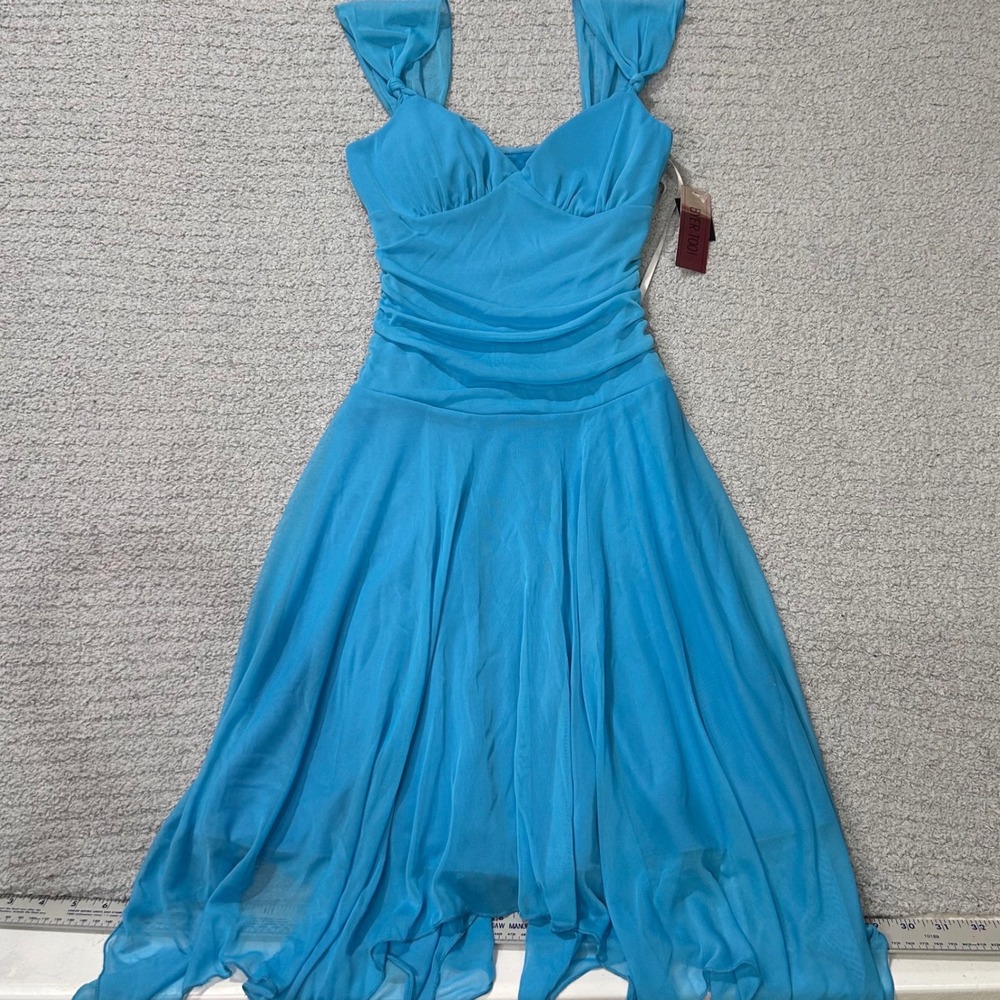 Byer Too! Mesh Midi Dress Ruched Small Turquoise Y2K Vintage Deadstock 2000s